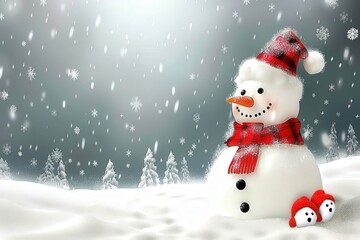 Fototapeta premium A cheerful snowman with a red scarf and hat stands in a snowy landscape, surrounded by falling snowflakes and evergreen trees.