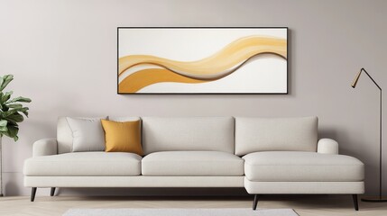 Modern living room featuring a stylish white sofa, decorative pillow, and abstract wall art