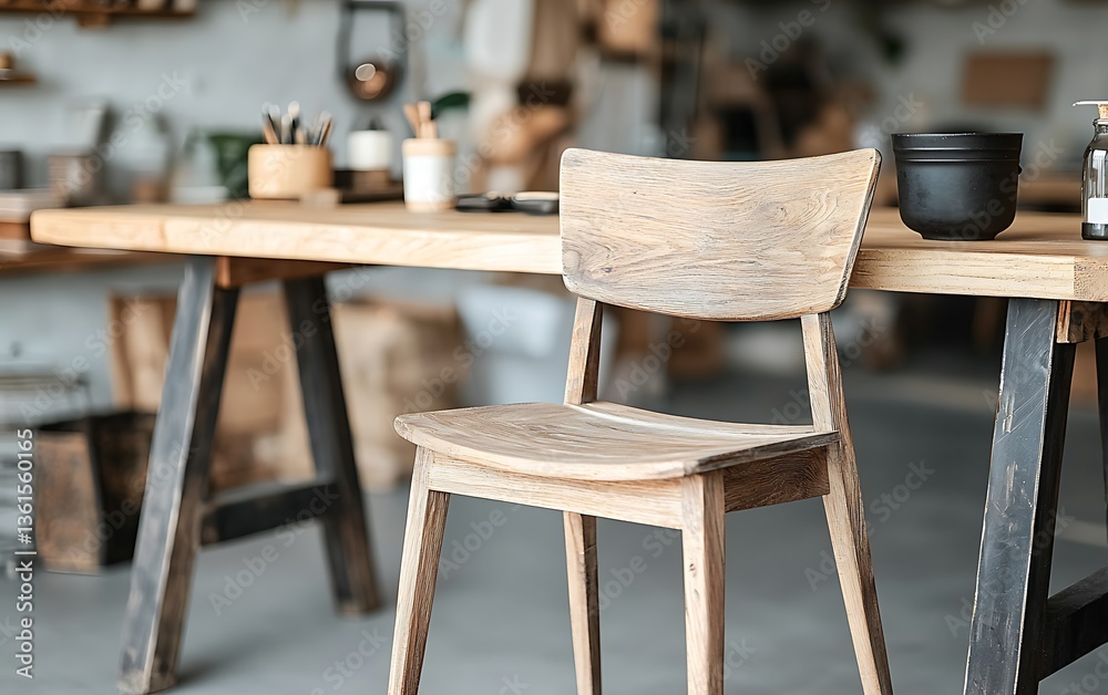 Aufkleber wooden chair at a rustic wooden table in a workshop setting
