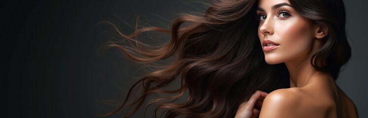 Obraz premium Woman with shiny, flowing dark hair. Profile view showcases flawless skin, perfect makeup. Beauty, glamour, elegant style. Healthy, silky long brunette locks. Fashion, cosmetic products.