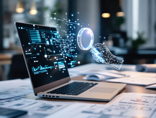 Futuristic digital hand holding magnifying glass analyzing data on laptop screen in modern office background, concept of tech, cybersecurity, and AI. Ai generative