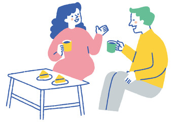 Two men and a woman talking and drinking coffee in a cafe_Color