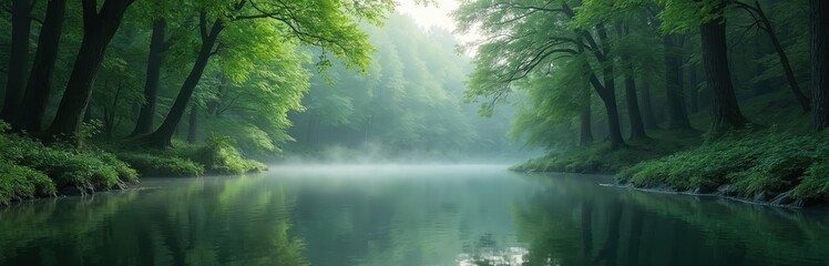 Peaceful forest features rich green foliage with calm reflective water. Tranquil nature scenery, serene landscape with trees, plants, lake. Evokes calmness, serenity, peace, meditative mood. Ideal