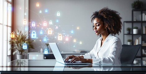 Woman in white shirt working on laptop with digital padlock icons floating, symbolizing cybersecurity. Modern office background with shelves and plants. Ai generative