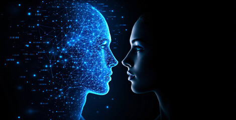 Human face and AI digital head facing each other with glowing blue connections on dark background. Concept of artificial intelligence and technology. Ai generative