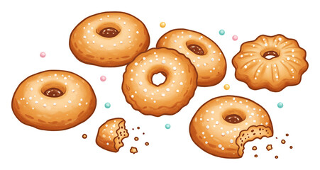 Golden cookies scattered playful arrangement warm light transparent background. AI Generated