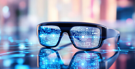 High-tech smart glasses with digital circuits on lenses, reflecting a futuristic interface on a blurred background. Concept of augmented reality and innovation. Ai generative