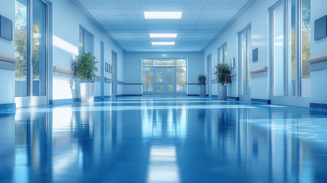 A clean and modern hospital hallway, white walls, polished floors, bright natural lighting
