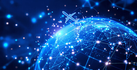 Digital globe with a wireframe airplane and luminous network connections, set in a glowing blue background. Concept of global travel and technology. Ai generative
