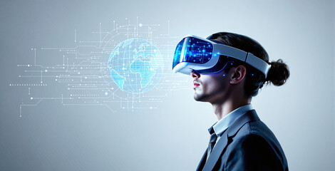 Man in suit wearing a futuristic VR headset with digital world interface, glowing elements on a blue background. Concept of virtual reality and technology. Ai generative