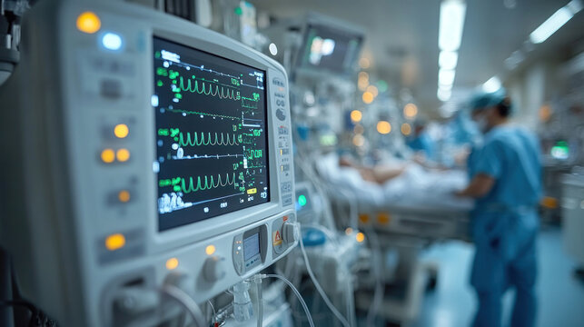 A critically ill patient in the ICU, connected to life-support machines, doctors monitoring his vitals