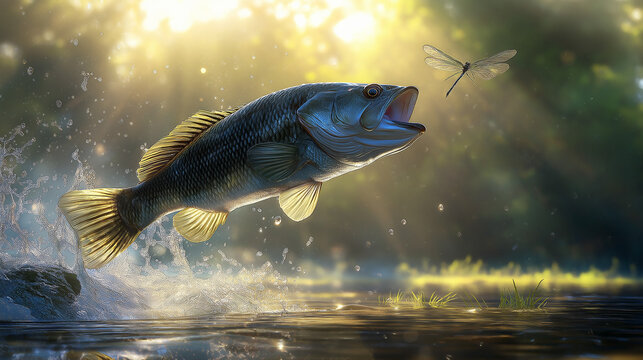 AI generator image of largemouth bass jumping out of the water for a dragonfly, hyper realistic, sunlight