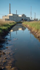 Polluted waterway reflects industrial structures against clear blue sky. Rural area shows environmental contamination, drainage issues. Concerns arise around water quality, pollution, reflecting