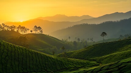 Fototapeta premium Sunrise over terraced tea fields