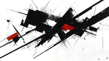 Abstract black, red, and white geometric artwork.