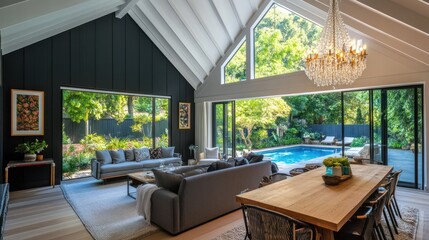 Modern open-plan living area with pool views, interior design