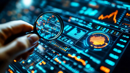 Close-Up of Digital Data Under Magnifying Glass with Futuristic Overlay