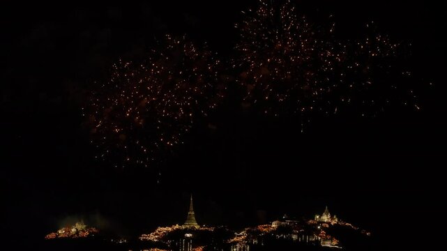 Beautiful colorful fireworks at Kao Wang Temple in Petchaburi, Thailand.