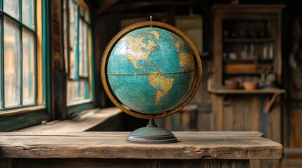 An antique globe rests on a weathered wooden table indoors