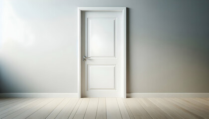 Door A perspective view of the white door with silver handle, light gray wall behind it, and light wood f1
