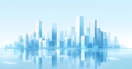 Fototapeta premium A futuristic cityscape with skyscrapers made of ice, reflecting in the water below