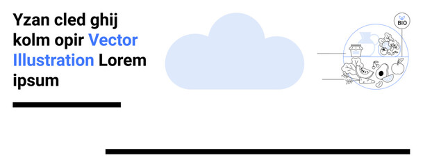 Blue cloud icon beside circular design showcasing science lab setup, bio symbols, and nature-inspired graphics. Ideal for technology, bioinformatics, science, innovation, environment, research