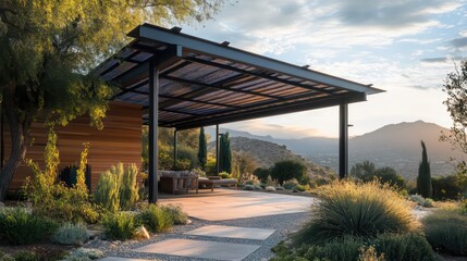 Fototapeta premium Stunning outdoor living space design mountain view contemporary architecture nature wide angle tranquility
