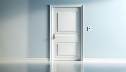 Door A minimalist interior scene featuring a white door with two rectangular panels, framed in white, wit3
