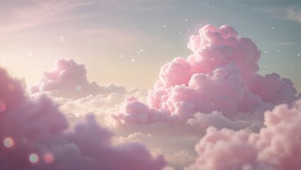 Colorful pink clouds float serenely above a dreamy landscape during twilight hours
