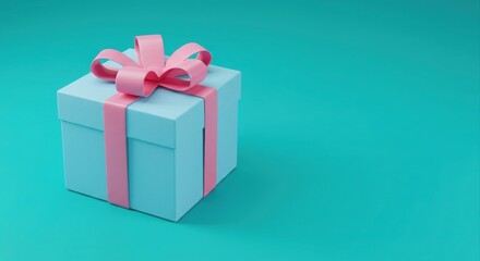 Obraz premium Light blue gift box with pink ribbon.