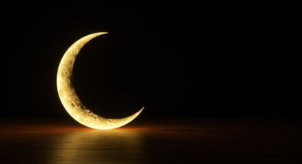 Glowing crescent moon on dark background.