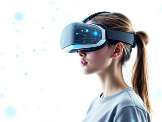 Woman wearing a futuristic VR headset with digital interface elements, standing against a light background. Concept of virtual reality and advanced technology. Ai generative