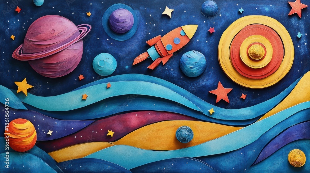 Aufkleber colorful layered paper cut art features a rocket ship flying through vibrant planets and stars in a 