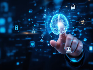 Hand touching glowing digital brain with tech icons and data connections on dark blue background. Concept of artificial intelligence and cybersecurity. Ai generative