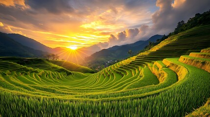 Fototapeta premium Rice terraces glow in sunset light. Agriculture landscape, tourism, or travel