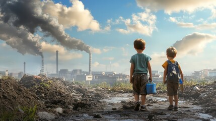 Children exploring industrial pollution urban area photography deteriorating environment rear view environmental awareness