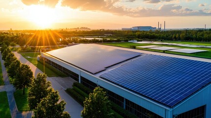 Solar Panels Under the Sunset's Embrace: A sprawling industrial facility, its rooftop adorned with rows of solar panels, harvests energy under a radiant sunset.