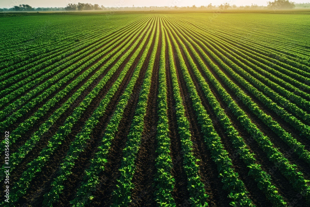 Poster Expansive green crop rows create a stunning pattern in bright daylight over a countryside landscape Generative AI