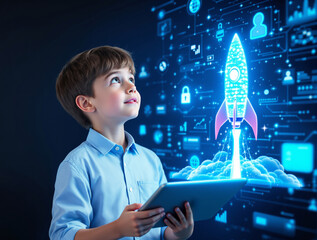A young boy holds a tablet, gazing at a glowing rocket hologram launching into a futuristic digital tech background, symbolizing creativity and innovation. Ai generative