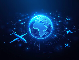 Fototapeta premium Digital globe with glowing airplanes surrounding it in a futuristic tech style on a dark blue background. Concept of global aviation, connectivity, and technology. Ai generative