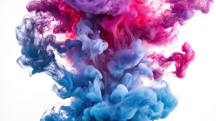 Fototapeta premium Photographic art of dense ultramarine and crimson ink clouds drifting through water, flowing vertically with curling edges, clear background with pale sunlight highlights