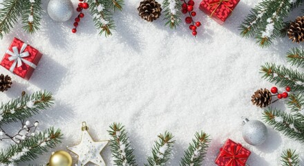 Christmas Decorations on Snow for a Festive Background.