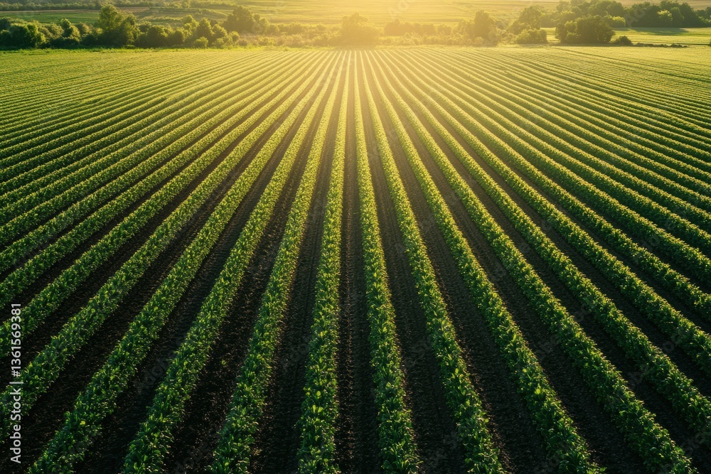 Aufkleber stunning aerial view of green crop rows in perfect alignment under soft lighting at sunset generativ