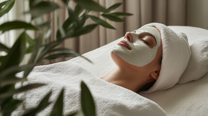 Client enjoys a relaxing spa treatment while wearing a soothing face mask and resting on a comfortable bed