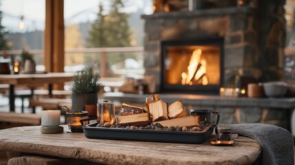 Cozy fireplace scene with wood logs