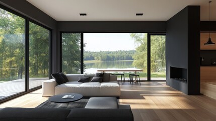 Fototapeta premium Modern living room overlooking lake