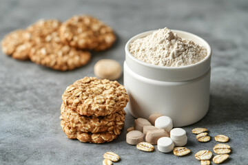 Oatmeal cookies with multivitamins and a circular container of protein powder on a grey background
