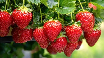 A visually striking vertical planter system filled with lush, red strawberries cascading downwards, showcasing the vibrant colors and textures of the fruit. The background offers a soft, natural
