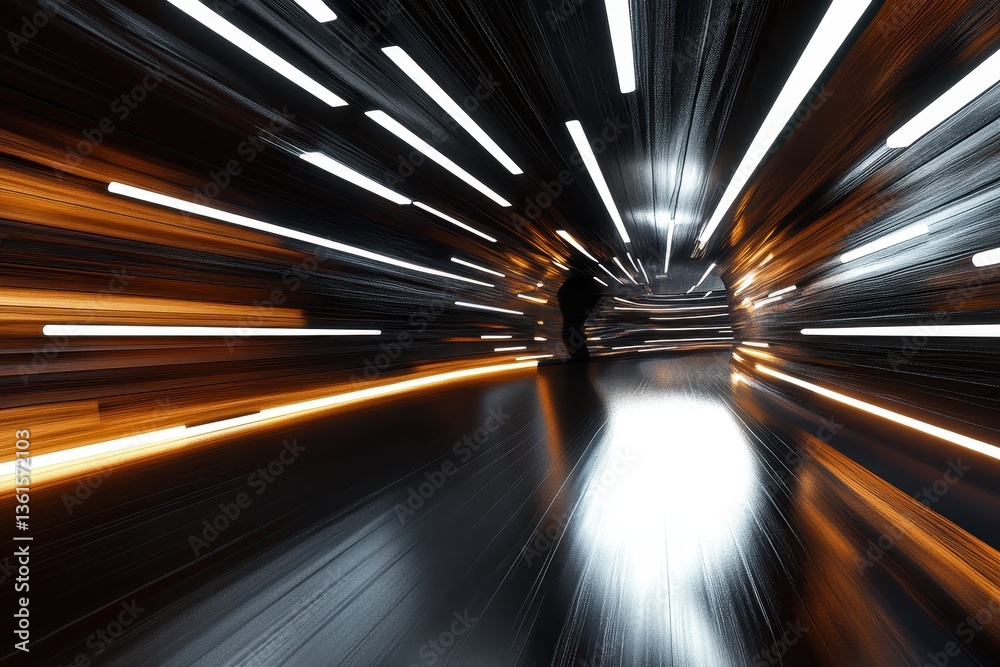 Poster experience a surreal hyper jump through a space tunnel with vibrant light trails, abstract flight in