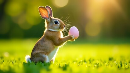 Easter bunny sitting in a clearing, holding a pink egg in his paws. Sunny day. copy space.